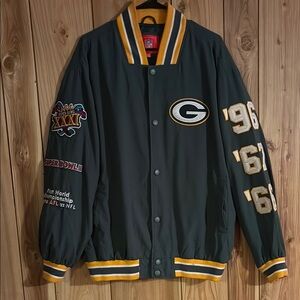 Green and Yellow Varsity Bomber Jacket with Packers Logo